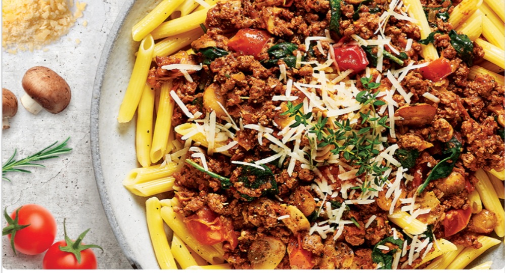 Beef Ragu, with mushrooms and baby spinach Fatti’s and Moni’s Pasta